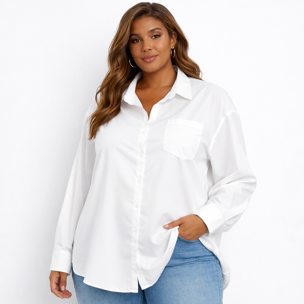 White Button Front Blouse Long Sleeve Pocket Plus Size 3XL